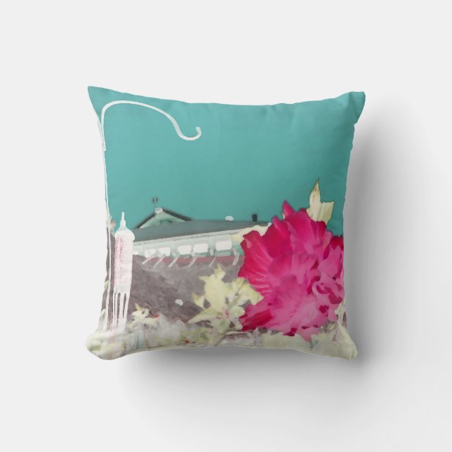 hook hibiscus flower painting invert teal pink throw pillow (Front)