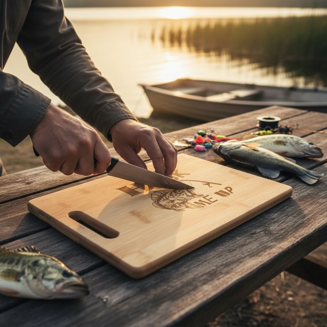 Hook Me Up Funny Bass Fishing Humor Engraved Cutting Board (Perfect for anglers who love to bring lake-day energy straight into their cooking.)