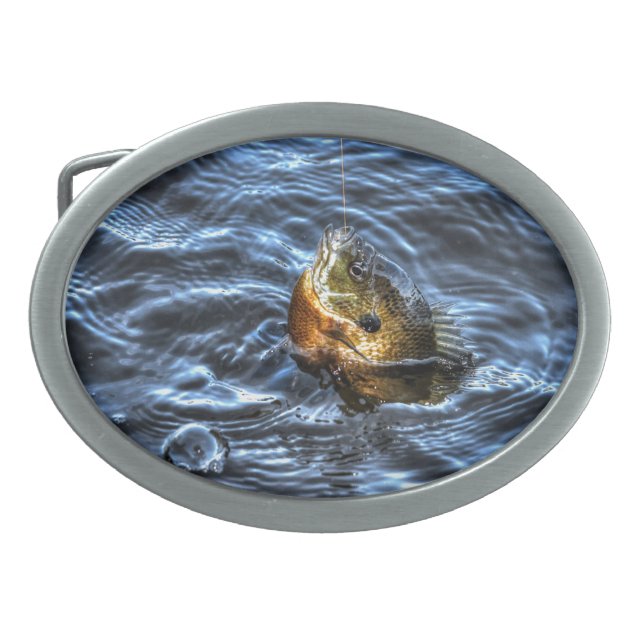 Hooked Bluegill Sun Fish Gone Fishin' Art Belt Buckle (Front)