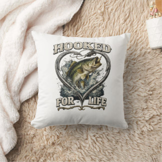 Hooked for Life Bass Fishing Heart Throw Pillow
