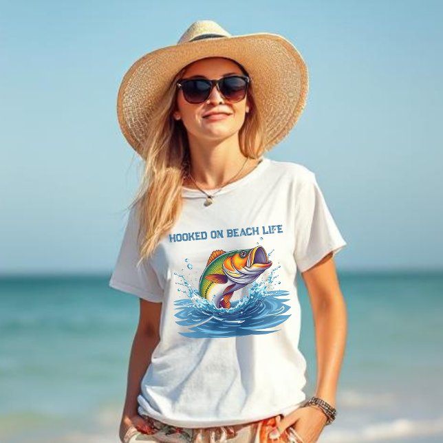 Hooked on Beach Life-Fisherman Core-Fish T-Shirt (Hooked on Beach Life-Fish out of water, Fisherman Core T shirt-Women's Beach T shirt-Summer T Shirt)