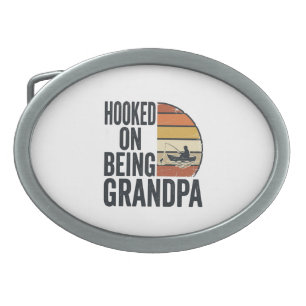 Hooked On Being Grandpa Fishing Retro Vector Desig Belt Buckle
