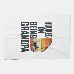 Hooked On Being Grandpa Fishing Retro Vector Desig Kitchen Towel