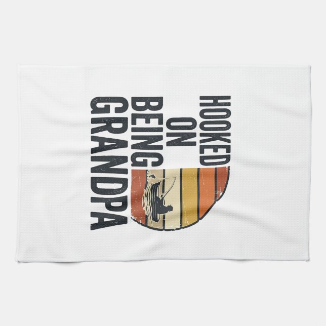 Hooked On Being Grandpa Fishing Retro Vector Desig Kitchen Towel (Horizontal)