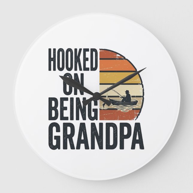 Hooked On Being Grandpa Fishing Retro Vector Desig Large Clock (Front)