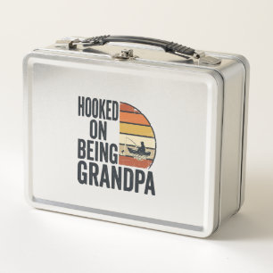 Hooked On Being Grandpa Fishing Retro Vector Desig Metal Lunch Box