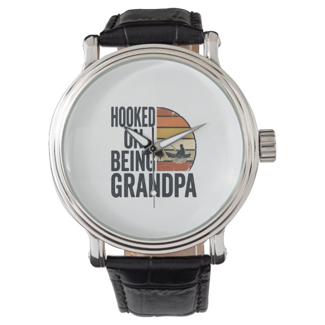 Hooked On Being Grandpa Fishing Retro Vector Desig Watch (Front)