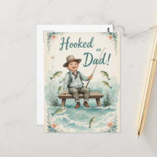 Hooked on Dad Fishing Cute Fathers Day Greeting Postcard