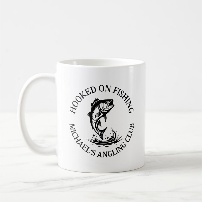 Hooked On Fishing Logo, Personalized Angling Club Coffee Mug (Left)