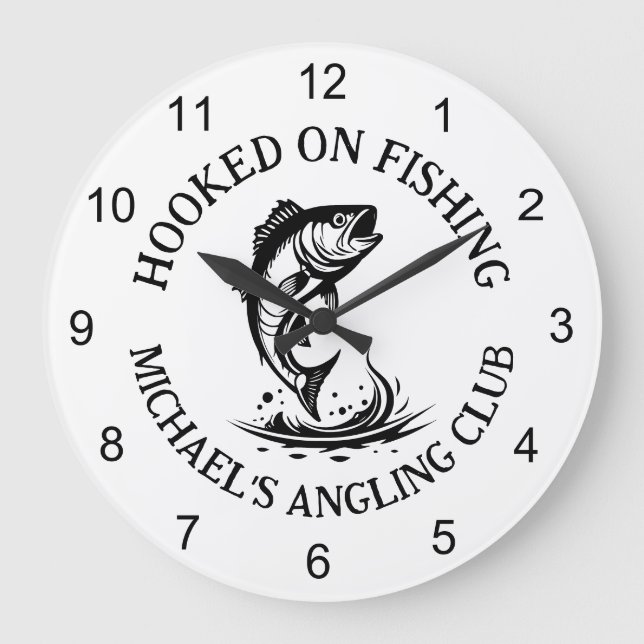 Hooked On Fishing Logo, Personalized Angling Club Large Clock (Front)