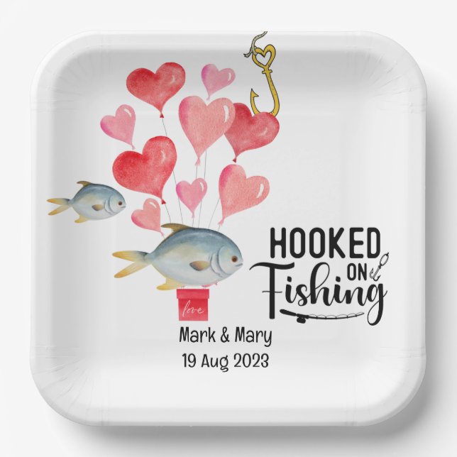 Hooked on fishing Wedding  theme Watercolor Paper Plates (Front)