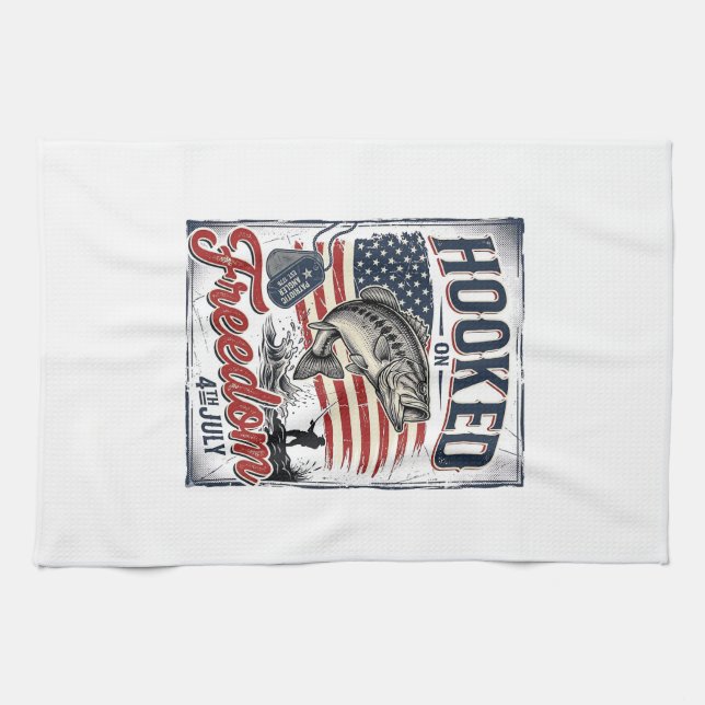 Hooked On Freedom 4th July Fishing Kitchen Towel (Horizontal)