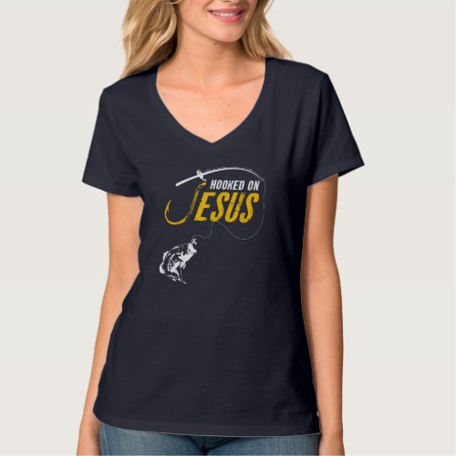 Hooked on Jesus Funny Christian Fishing T_Shirt