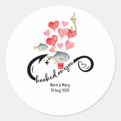 Hooked on you fishing lovers Wedding  Watercolor Classic Round Sticker