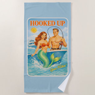 Hooked Up Fishing Pin-up Mermaid Funny Nautical Beach Towel