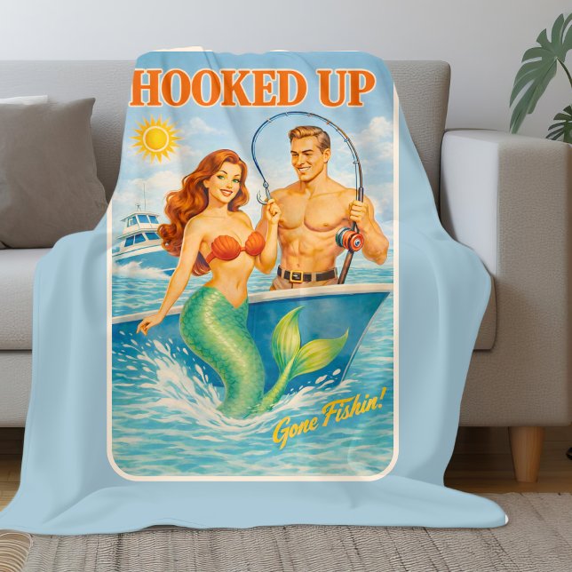 Hooked Up Fishing Pin-up Mermaid | Funny Nautical Fleece Blanket (Creator Uploaded)
