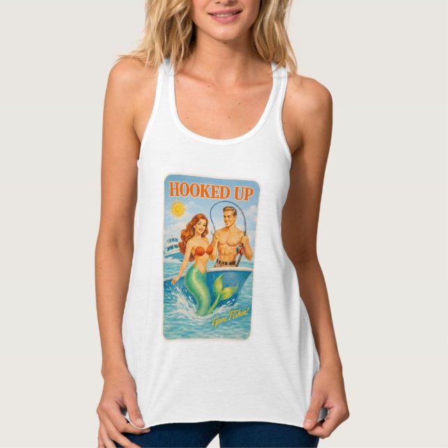 Hooked Up Fishing Pin-Up Mermaid Funny Retro Fish Tank Top (Front)