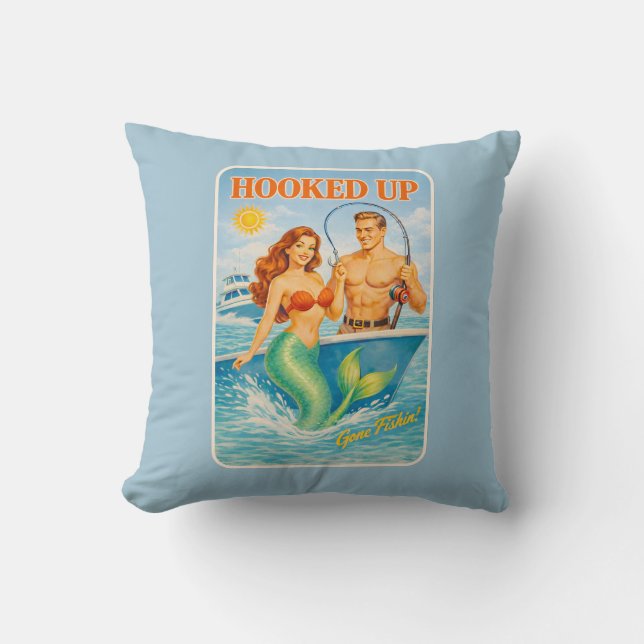 Hooked Up Retro Pin-Up Mermaid | Fishing Boat Blue Throw Pillow (Front)
