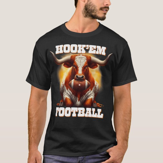 Hook'Em State Of Texas Football With Hair And Horn T-Shirt (Front)