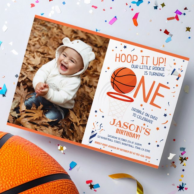 Hoop It Up Orange Photo Basketball 1st Birthday Invitation (Creator Uploaded)