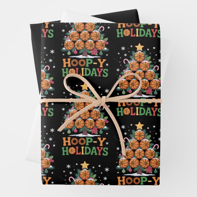 Hoop-y Holidays Basketball Christmas Holiday Sport Wrapping Paper Sheets (In situ)