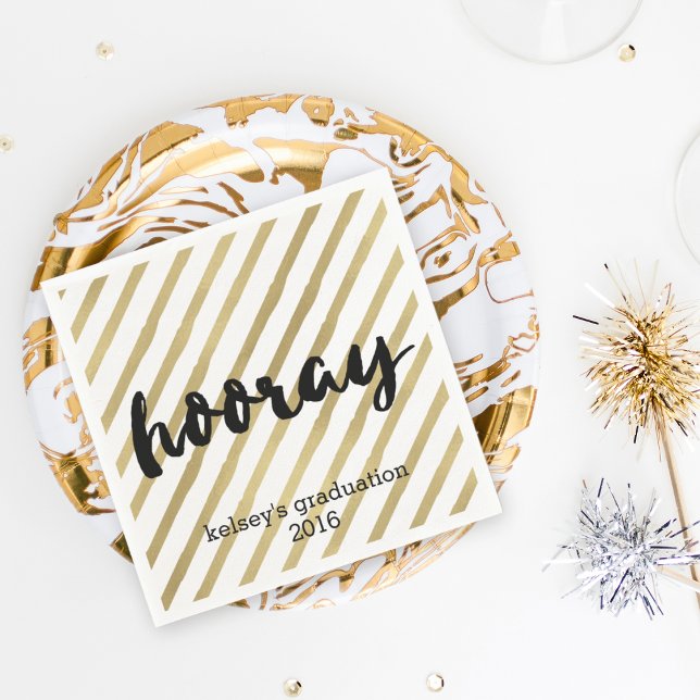 Hooray | Black & Faux Gold Stripe Graduation Napkins (Creator Uploaded)