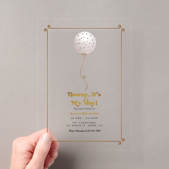 Hooray It’s My Day Confetti Balloon Birthday Party Acrylic Invitations (Insitu (Handheld))