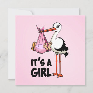 Hooray it's a girl - stork with baby invitation