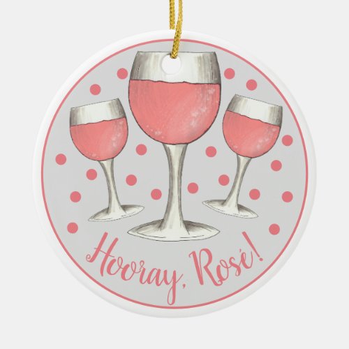 Hooray Ros Blush Pink Rose Glass of Wine Winery Ceramic Ornament