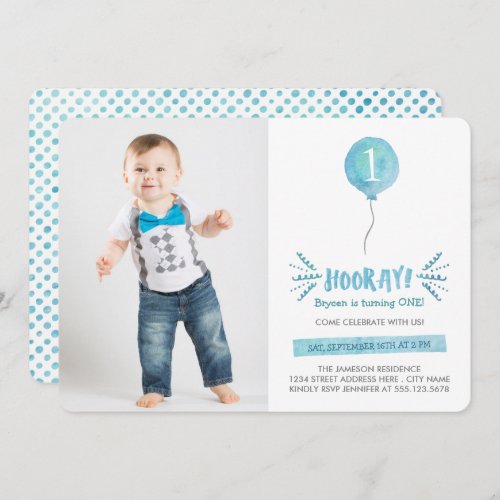 Hooray Watercolor Balloon Left Photo Blue Birthday