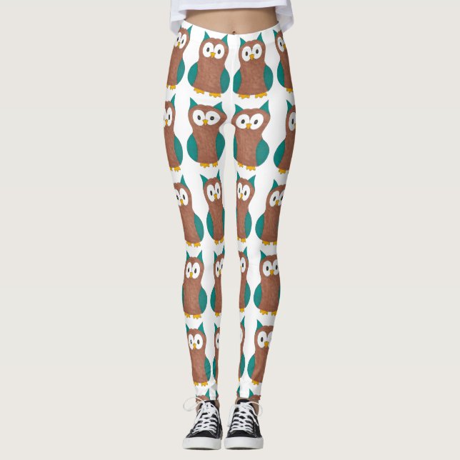 Hoot Bird Cartoon Owl Animal Print Blue Brown Owls Leggings (Front)