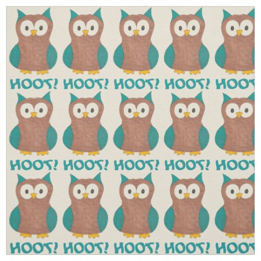 Hoot! Blue Brown Owl Wise Bird Animal Print Fabric