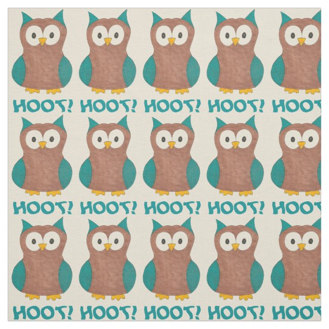 Hoot! Blue Brown Owl Wise Bird Animal Print Fabric (Swatch)