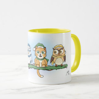 Hoot is the odd one out? Christmas owls and cat Mug
