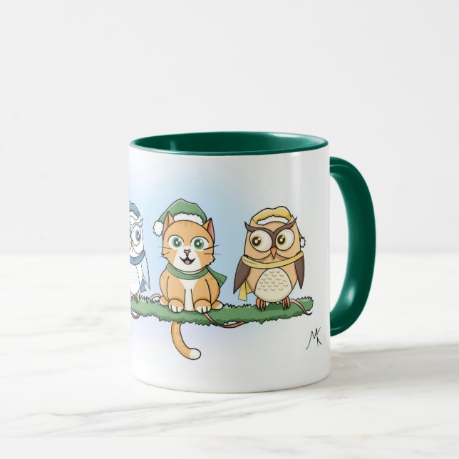 Hoot is the odd one out? Christmas owls and cat Mug (Front Right)