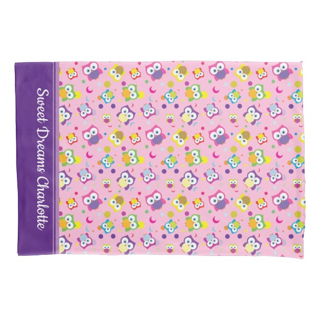 Hoot Owl Woodland Wildlife Polka Dots and Moons Pillow Case (Front)