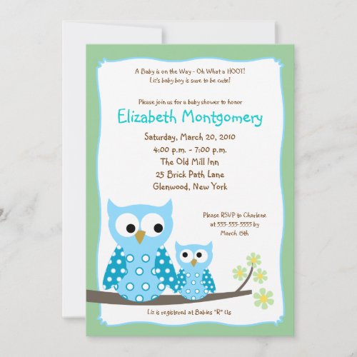 HOOT OWLS BLUE boy Baby Shower 5x7 Custom Announcement