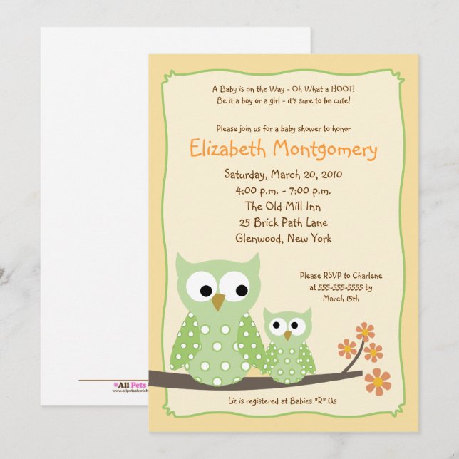 Hoot Owls Green Neutral Baby Shower (Old Version) Invitation (Front/Back)