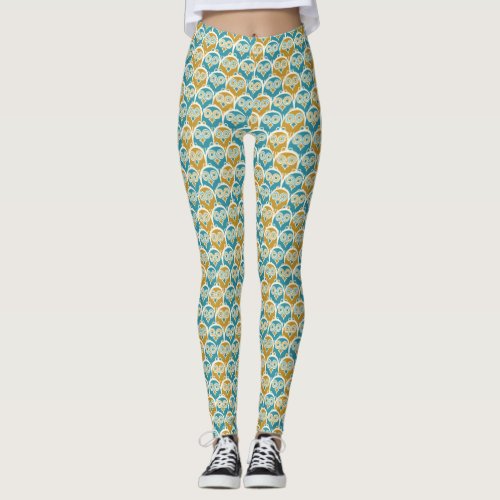 Hoot Owls Mustard and Turquoise Blue Patterned Leggings
