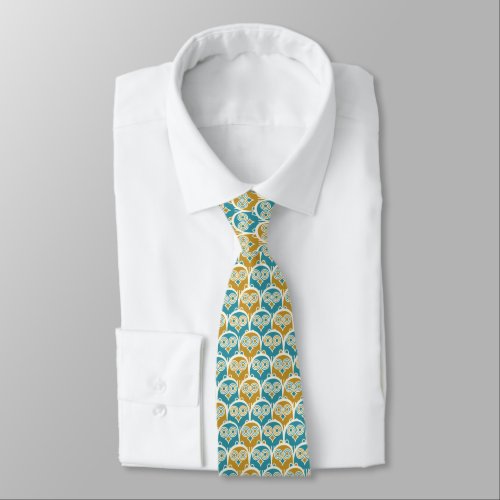Hoot Owls Mustard and Turquoise Blue Patterned Neck Tie
