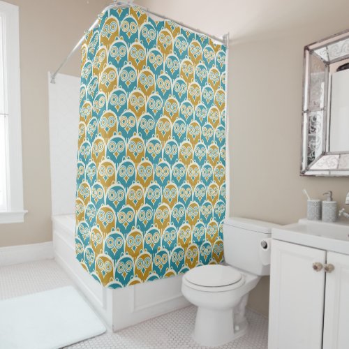 Hoot Owls Mustard and Turquoise Blue Patterned Shower Curtain
