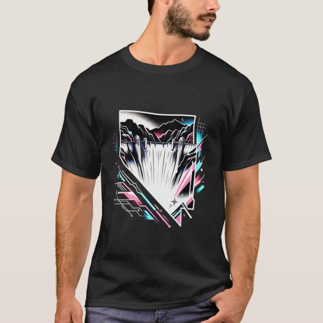 Hoover Dam Nevada Aesthetic 80s Art Vivid Blue  T-Shirt (Front)