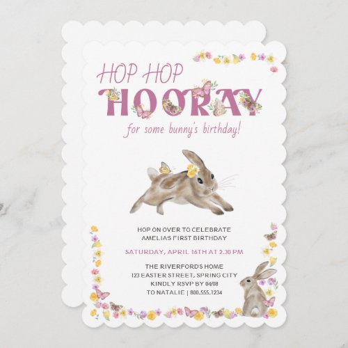 Hop Hop Hooray Bunny and Butterfies Birthday Invitation