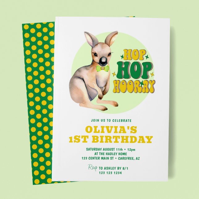Hop Hop Hooray Kangaroo 1st Birthday Invitation (Creator Uploaded)