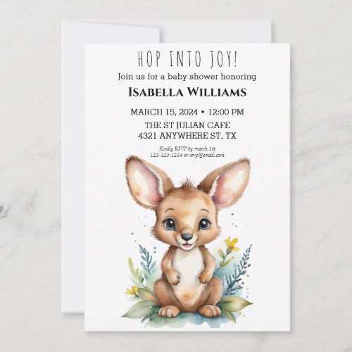 Hop Into Joy Cute Kangaroo Watercolor Baby Shower Invitation