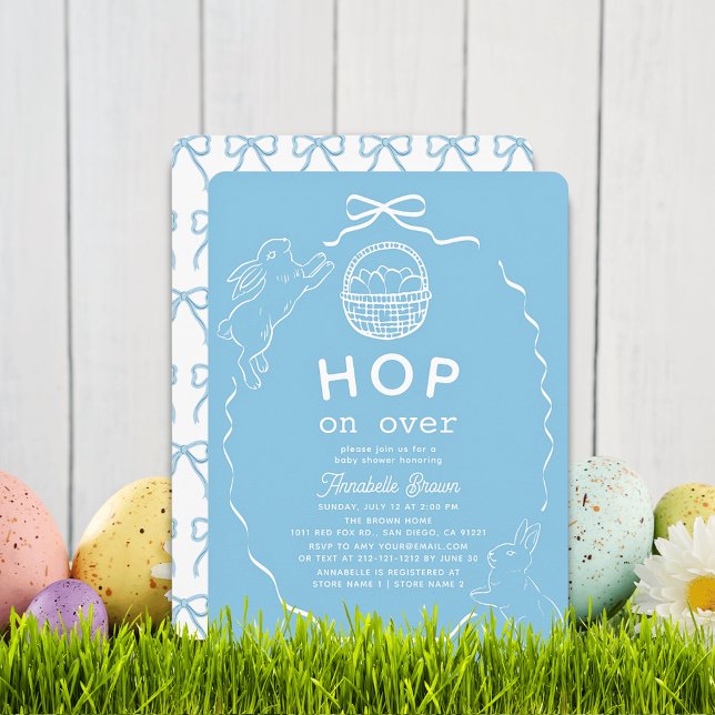 Hop on Over Blue Bow Bunny Boy Baby Shower Invitation (Creator Uploaded)