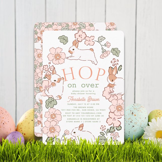 Hop on Over Bunny Boho Floral Girl Baby Shower Invitation (Creator Uploaded)