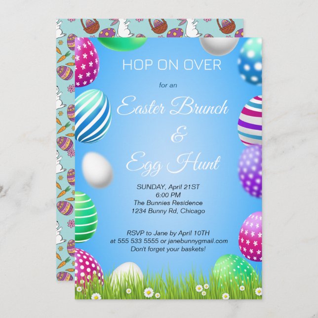 Hop on Over Easter Brunch Egg Hunt Bunny Cute  Invitation (Front/Back)