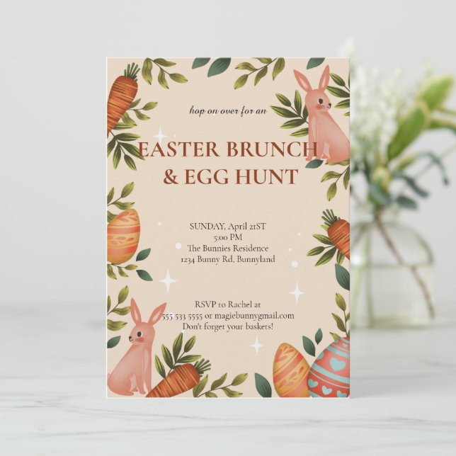 Hop on Over Easter Brunch Egg Hunt Bunny Floral Invitation (Standing Front)