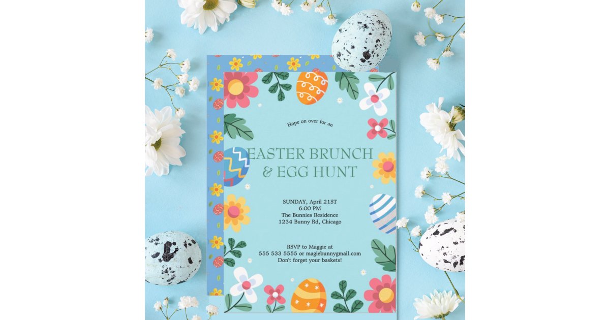 Hop on Over Easter Brunch Egg Hunt Bunny Floral Invitation | Zazzle